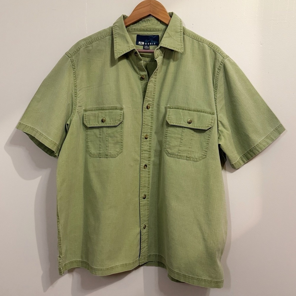 Vintage Hobie Men's XL Sage Green Button Front Camp Shirt Short Sleeve Cotton
